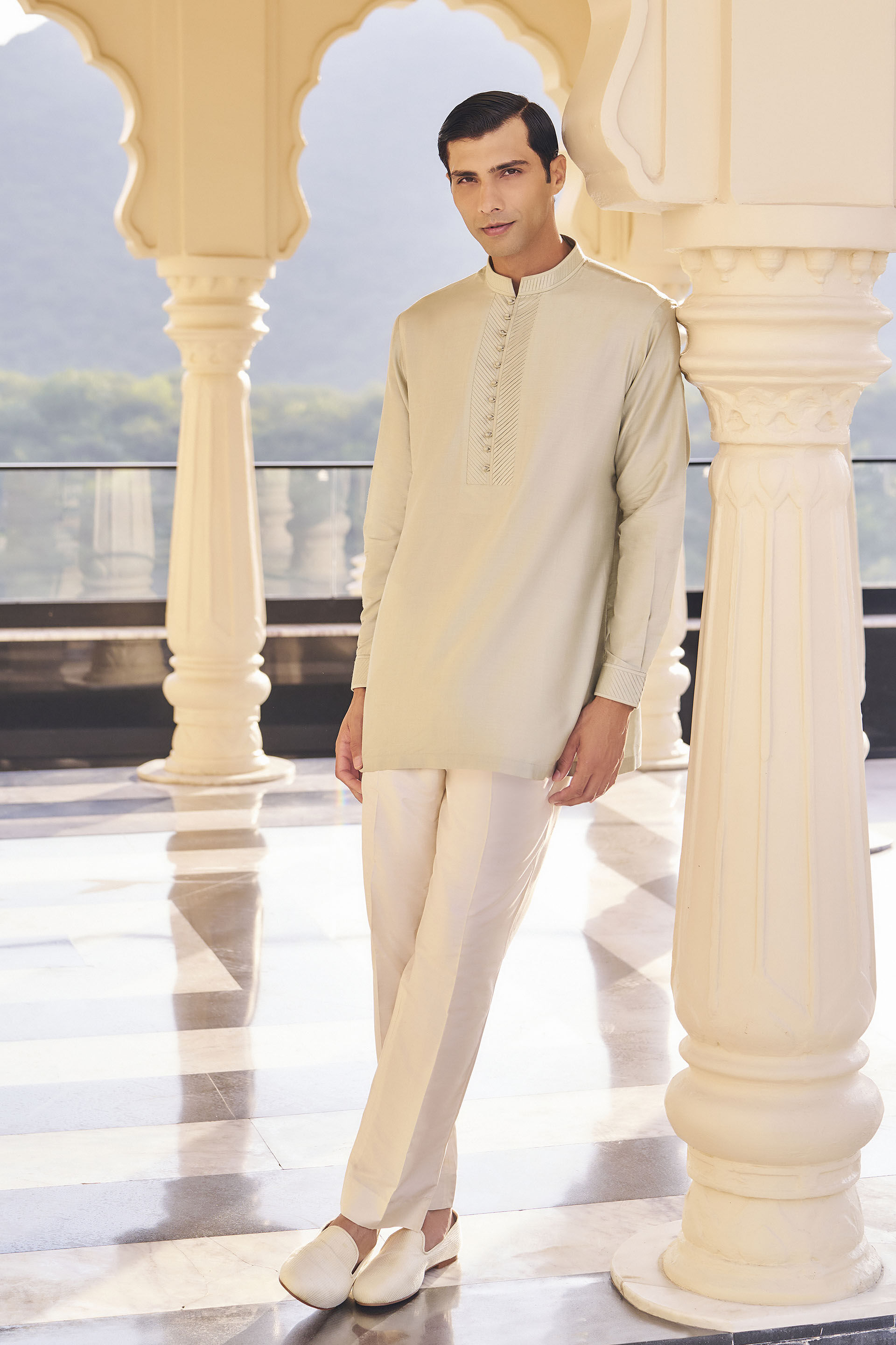 Aryav Sage Green Pintuck Silk Kurta